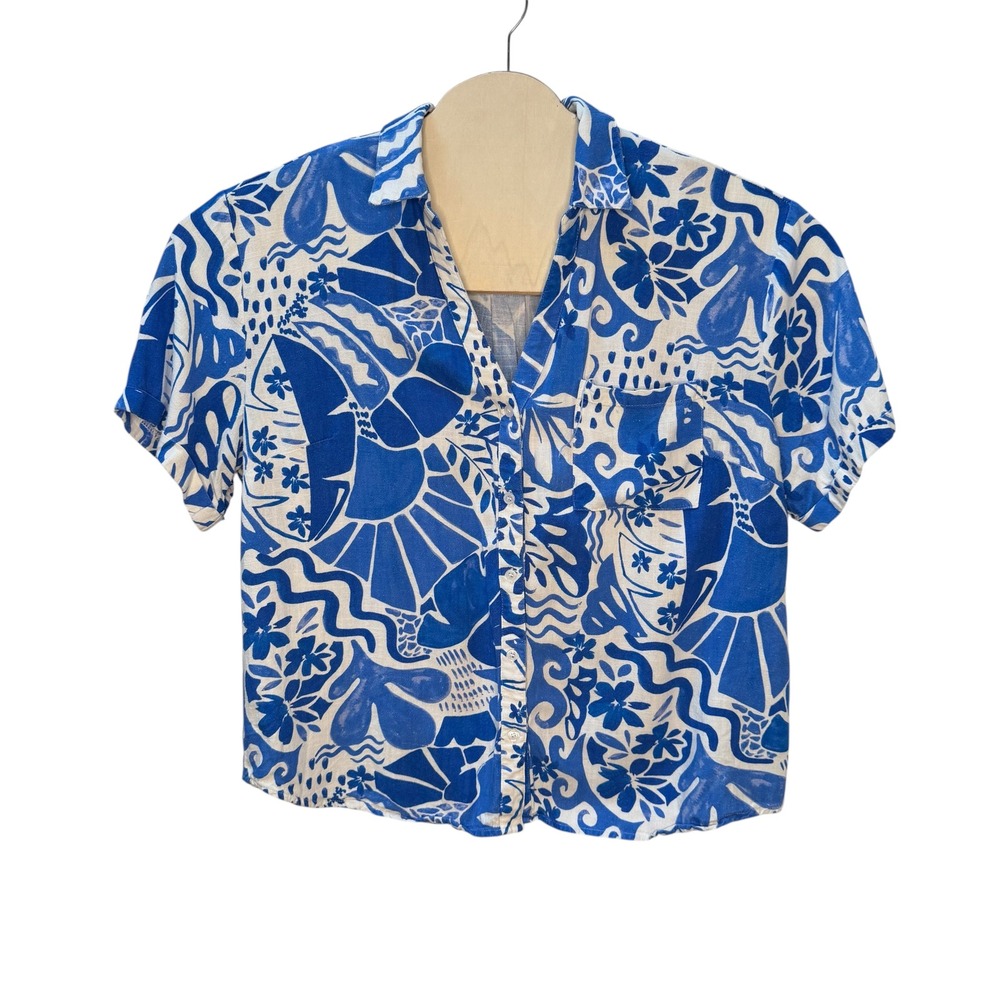 AQUA Women XXL Blue White Abstract Tropical‎ Linen Blend Button Down Shirt
